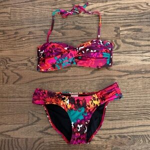 Kariza Colorful Hot Pink Abstract Print Bandeau Halter Bikini Set